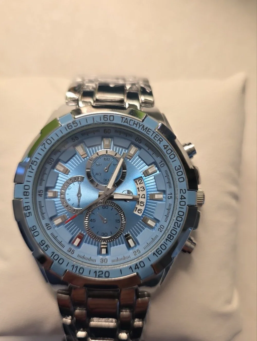 315. Men's Silver 45mm Quartz Watch With Light Blue Face And Bezel
